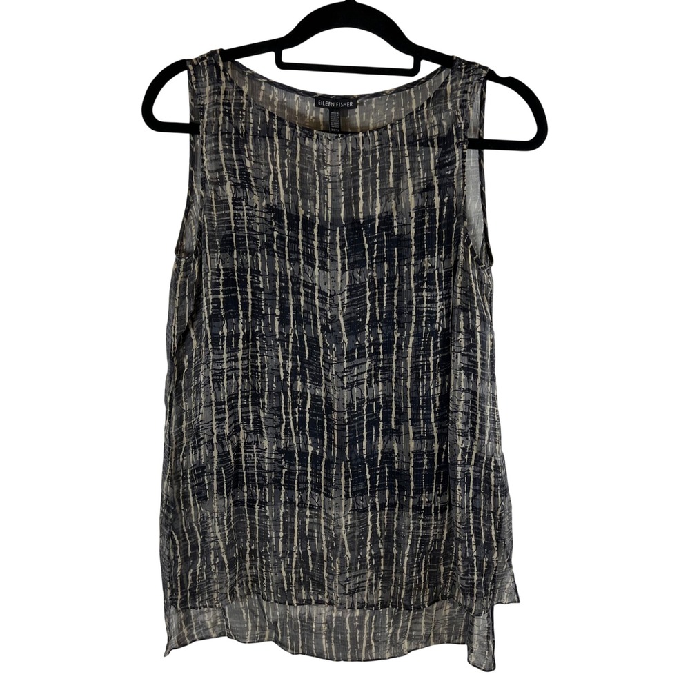 Eileen Fisher Womens XS Silk Abstract Stripe Crinkle Tank Top Grey Cream F16S9